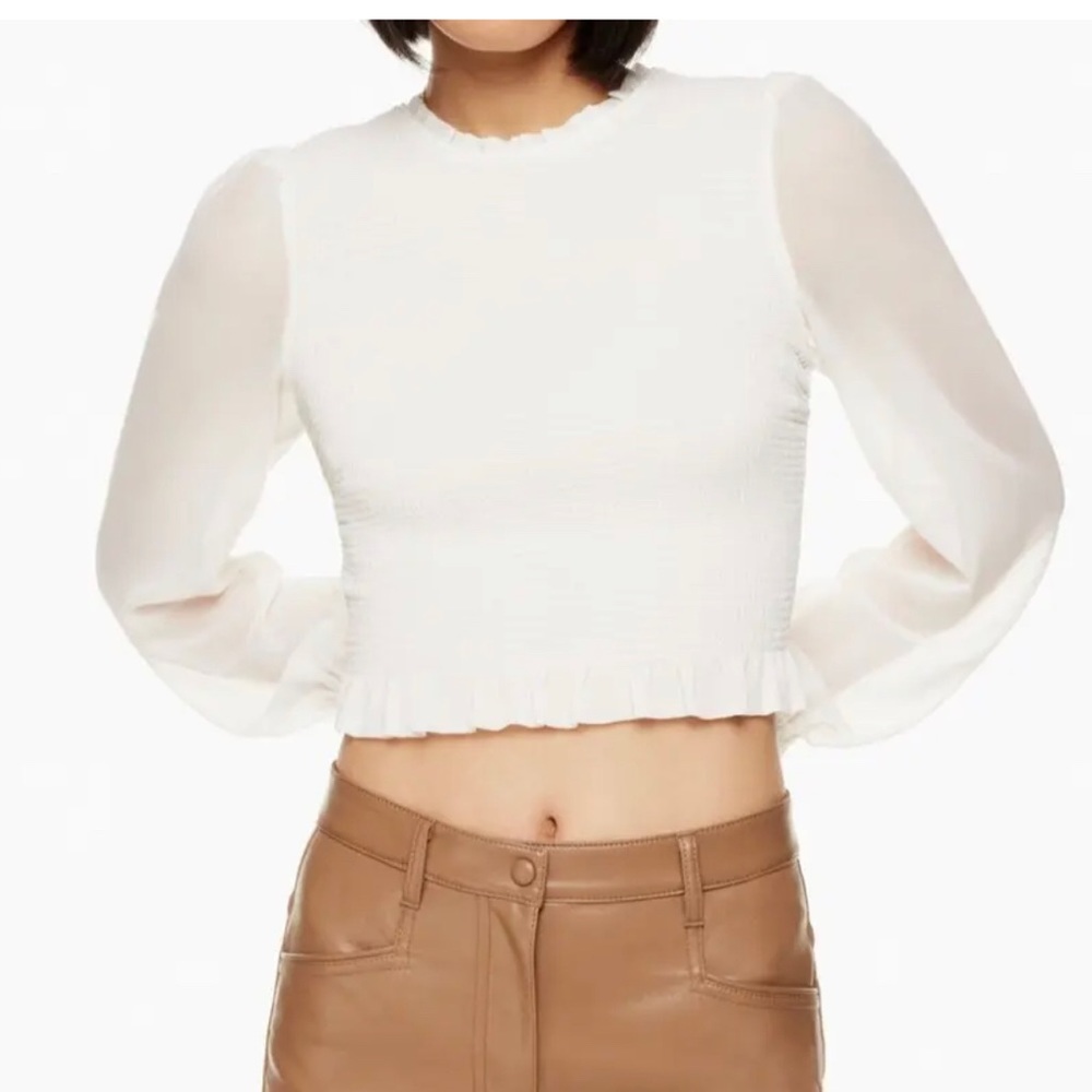 Wilfred Tempest Smocked Chiffon Blouse in Light Birch Sz M Aritzia NWT $128